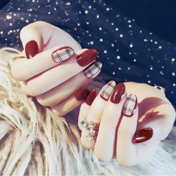 

24pcs Short acrilico nail Tips Mixed Red white Lattice Designs Press On False Nails Shiny Finger Fake build nails nageltips