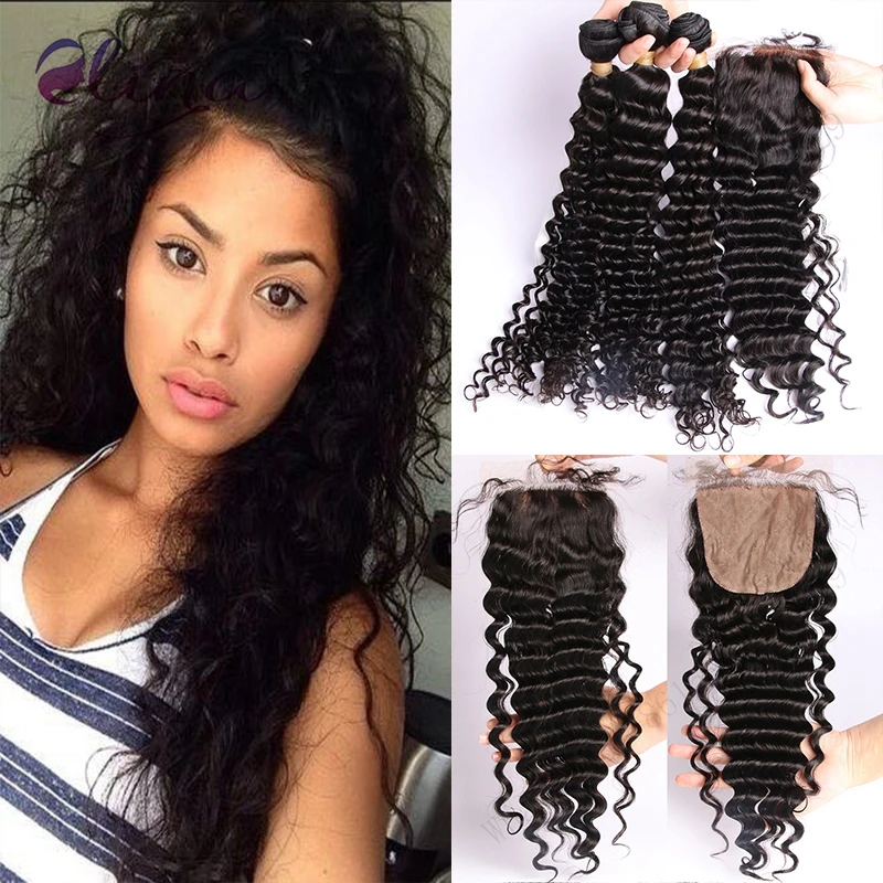 

9A Unprocessed Peruvian Virgin Hair With Silk Base Closures Deep Wave 3 Bundles With Silk Base Closure Deep Wave