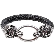 Плетеный браслет из натуральной кожи с двойной головой тигра браслет, бижутерия для мужчин