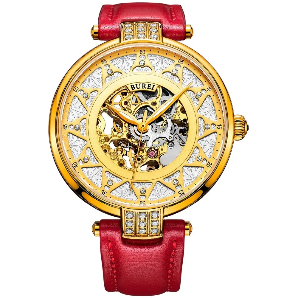 

BUREI Luxury Sapphire Ladies Skeleton Automatic Mechanical Watch Waterproof Genuine Leather Wristwatches With Premiums Package