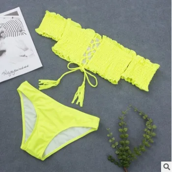 

Ruched Off Shoulder Bandeau Bikinis Lace Up Swimsuit women Push Up Bandage Bikini Set Swimwear Bathing suits maillot de bain