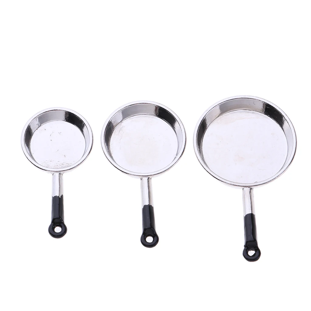 3Pcs 1/12 Dollhouse Miniature Pots and Pans Kitchen Cookware Set Toy Kitchen Cooking Accessories With Utensils Playset Silver