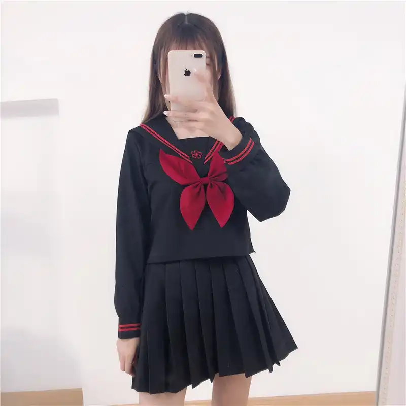 日本女性セーラー制服ファッション21女子高生jk制服黒シャツ赤ネクタイプリーツスカートアニメ衣装セーラースーツ School Uniforms Aliexpress