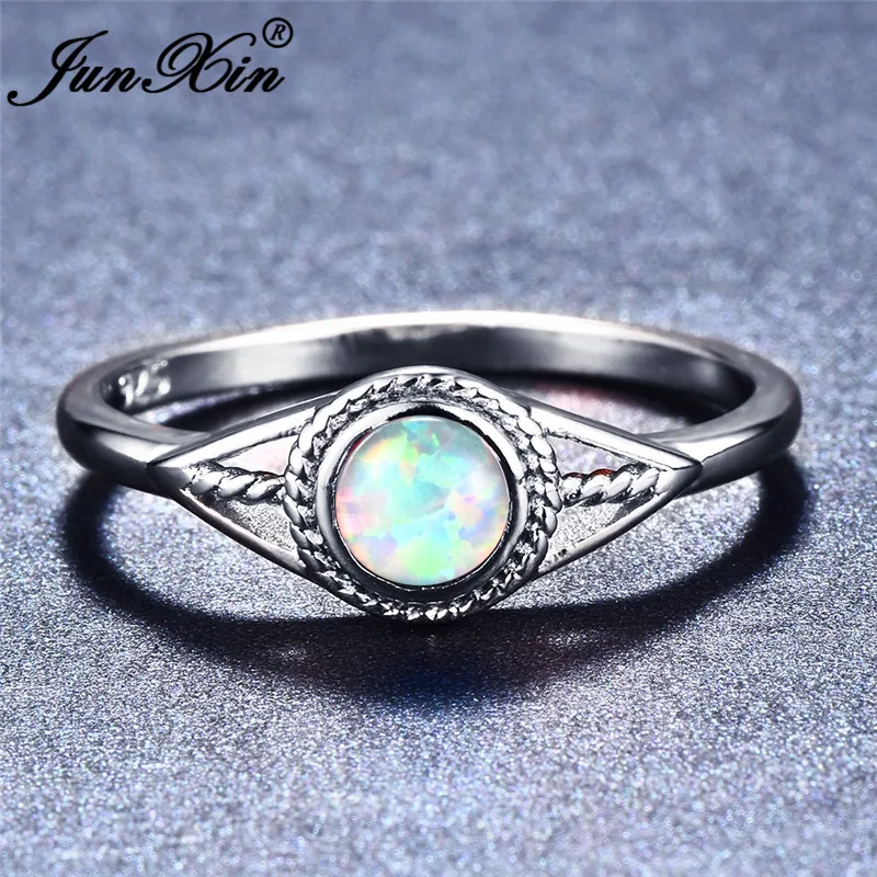 JUNXIN 925 Sterling Silver Filled Purple/Blue/White Fire Opal Rings For Women Round Birthstone Rainbow Evil Eye Wedding Ring