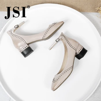 

JSI Stylish Genuine Leather Buckle Strap Ladies Pumps Fashion Round Toe Square Heel Shoes Shallow High Heel Women Pumps JO225
