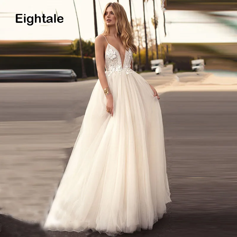 

Eightale Beach Wedding Dresses 2019 Spaghetti Strap A Line Backless Tulle Sexy Boho Bride Dress Custom Made Princess Gown