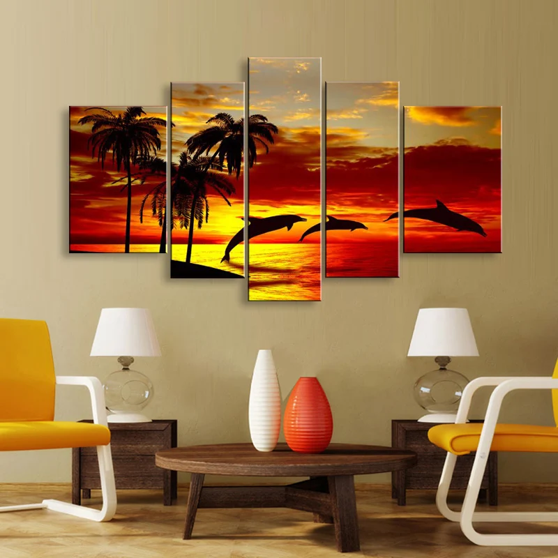 hand-painted oil wall art Sunrise beach dolphins home decoration abstract Landscape oil painting on canvas 5pcsset DY-068 (5)