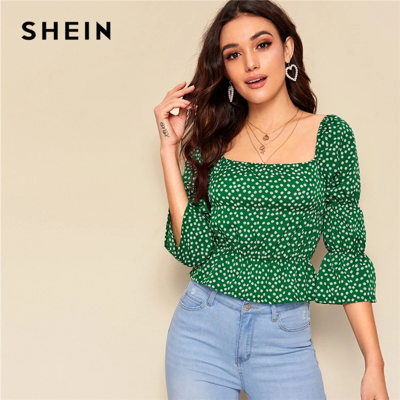 

SHEIN Ditsy Floral Print Square Neck Blouse Women Spring Summer Top Boho Green Three Quarter Length Flounce Sleeve Blouses