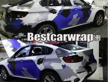 

Large Snow Camo Vinyl Blue Black White Car Wrap Film Pixel Camouflage Foil boat covering with air free 1.52x30m/Roll 5x98ft