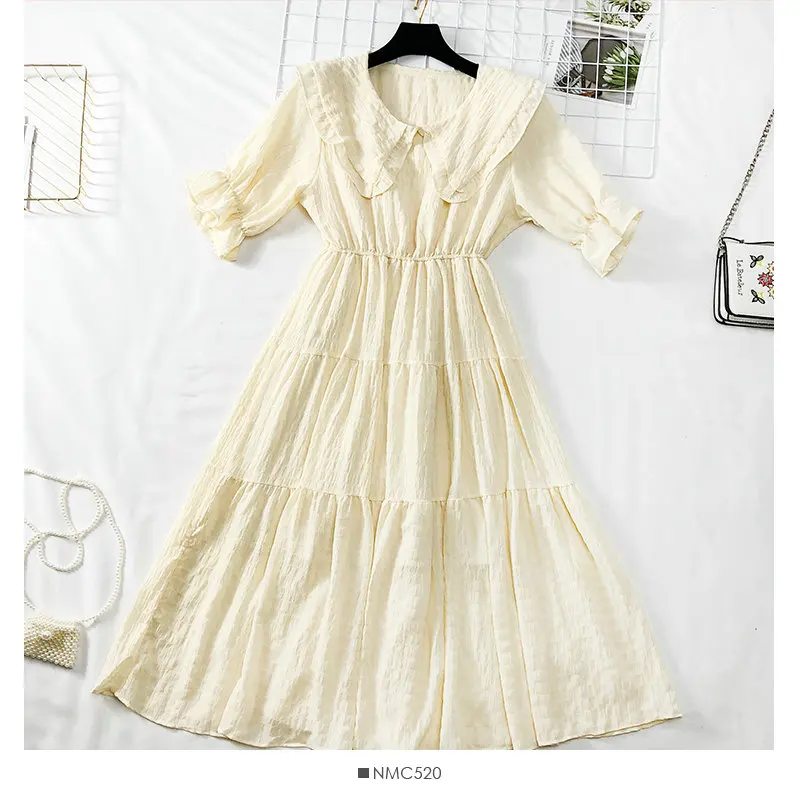 Women Dress HISUMA/женская летняя шифоновая блуза с рукавами-клеш с воротником «Питер Пэн», повседневный эластичный тонкий пуловер с высокой талией, плиссированное многослойное нарядное платье - Цвет: Women Dress