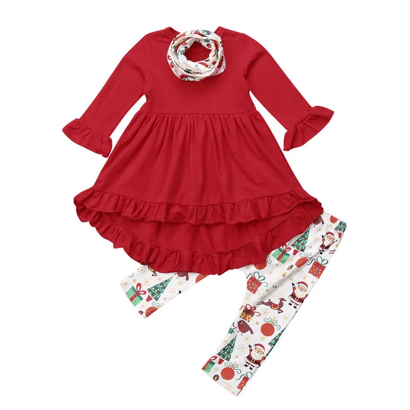 

Emmababy 1-6Y Kids Baby Girl Fashion Clothes Red Ruffled Long Sleeve Dress Tops+Leggings Pants Girls casual Outfit Clothing Set