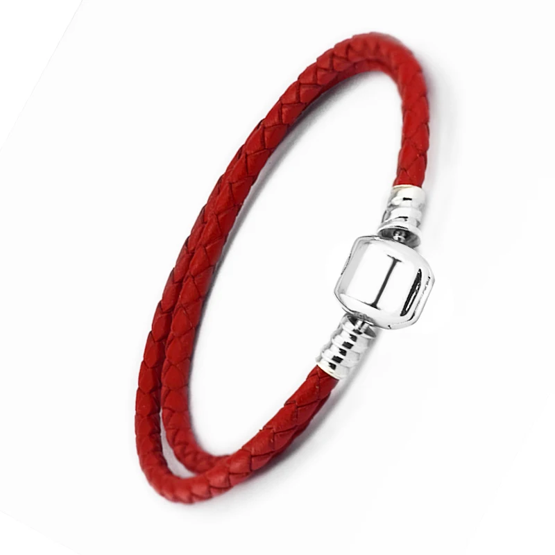 

Authentic 925 Sterling Silver Barrel Clasp Bracelets With Red Leather for Women Fit Charm Beads DIY Fine Jewelry SLE019