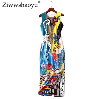 

ZiwwshaoyuVintage Sequined Print Pencil dress Diamonds O-Neck temperament dress 2019 spring and summer designer runway new women