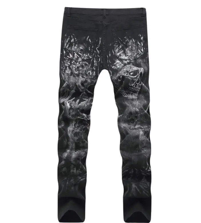 Хип-хоп уличные джинсы стрейч мужские с принтом черепа Прямые повседневные черные брюки