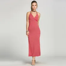 Women Halter V-Neck Backless Empire Waist Red and White Striped Maxi Long Dress Sexy Side Slit Club Dress
