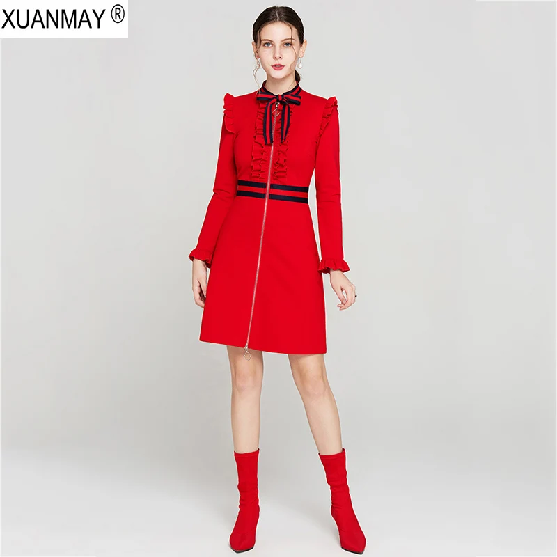Весеннее женское платье-свитер с длинным рукавом брендовый дизайн офисный женский кардиган на молнии вязаное платье красное весеннее платье с длинным рукавом