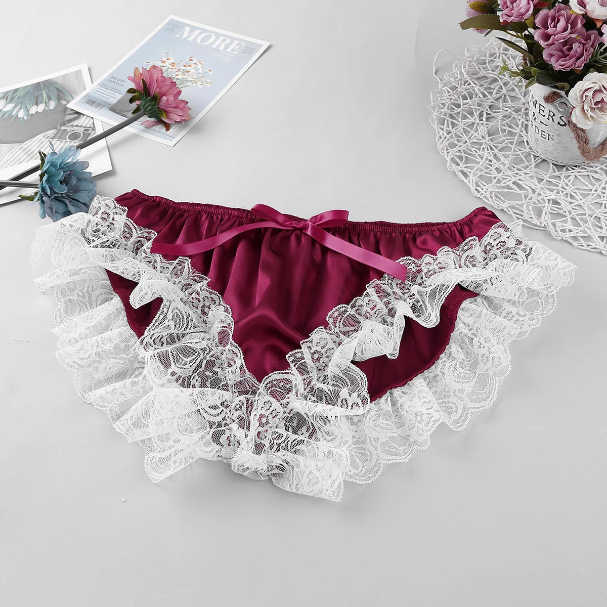 TiaoBug Mens Sissy Bowknot Maid Floral Lace Bikini Briefs Panties Underwear