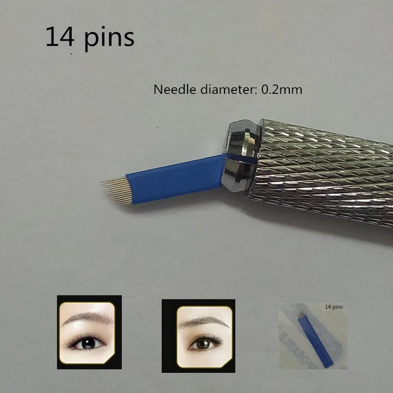 

100PCS blue 14-Pin Permanent Makeup Manual Eyebrow Tattoo Needles Blade For 3D Embroidery Microblading Tattoo Pen Machine
