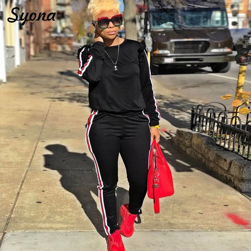 

2 TWO PIECE SET Ladies Sweatshirt Runway Casaul Tracksuit Sportswear Sweat Suit Capri Pants Side Stripe Two-Piece Winter 2018