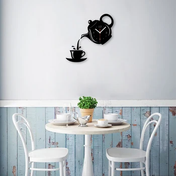 

Creative Coffee Cup Mirror Wall Clocks 2019 New Arrivals Quartz Metal Kitchen Clock Needles Home Decor Relogio De Parede