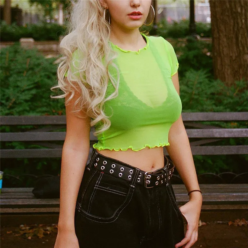 

Casual Fluorescent Green Sexy Mesh Top Female T-shirt Transparent Solid Short Sleeve Crop Tops 2019 Women's Summer Tshirt