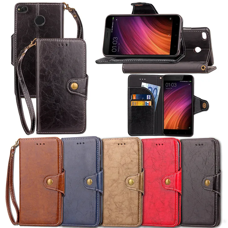 

Luxury Retro wallet buckle flip cover leather Cases For Xiaomi Redmi 4X stand Protective Case