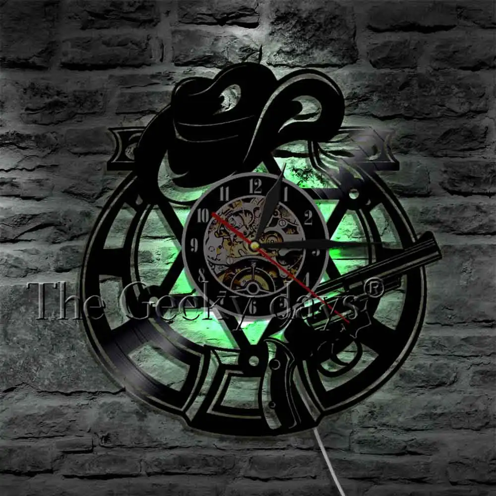 Cowboy Bandit Revolver Pistols Weapons Hat Western Home Decor Wall Clock Outlaw Cowboy Hat and Revolver Vinyl Record Wall Clock
