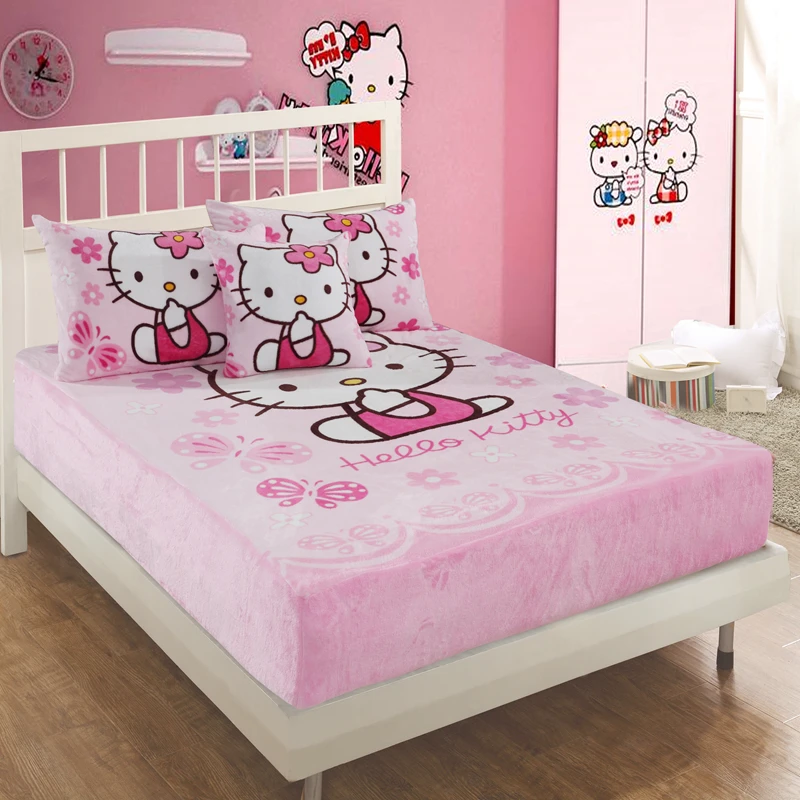 

Cartoon Hello KT Pink Fitted Sheet with an Elastic Band Bed Sheets Linen Polyester Mattress Cover Single 1.2m 1.5m 1.8m Bed