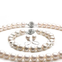 Xiuli 00256 8-9.5 ММ НАТУРАЛЬНЫЙ БЕЛЫЙ ПРЕСНОЙ ВОДЫ ЖЕМЧУЖНОЕ ОЖЕРЕЛЬЕ БРАСЛЕТ СЕРЬГИ НАБОР СЕРЕБРА 925