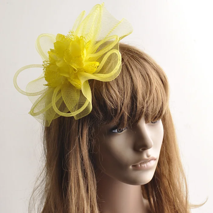 23 дизайн ручной работы желтые вуалетки цветы шляпка для церкви кружева перья вуаль для волос Зажимы Коктейльные Свадебные вечерние женские волосы - Цвет: 635y
