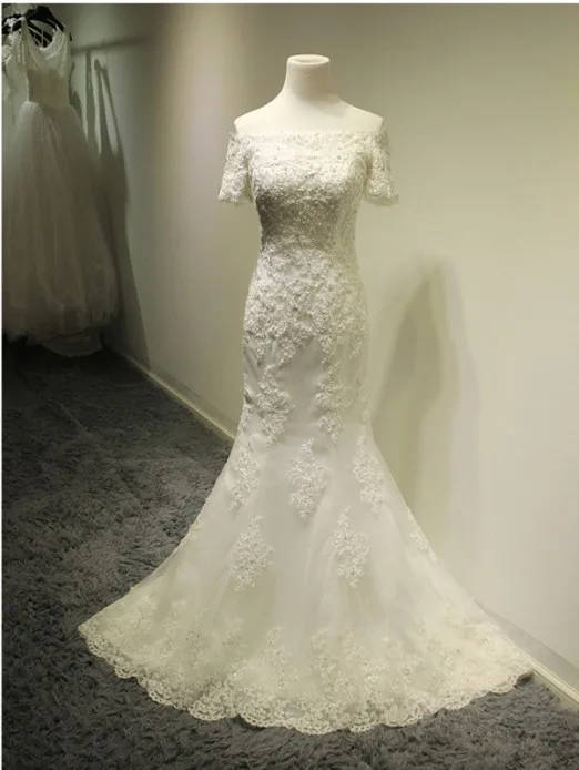 

free shipping short sleeve romantic appliques lace mermaid wedding dress 2014 new fashion vestido de noiva long bridal gown