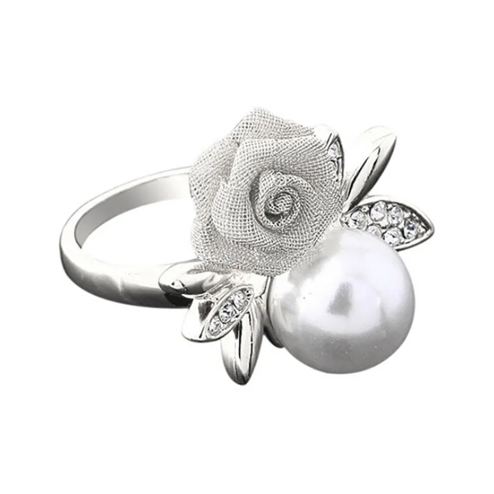 

Retro Flower RING Women's Rose Faux Pearl Ring Clear Crystal Gold Rings Party Jewelry Gift