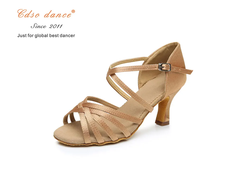 Cdso/танцевальная обувь из атласа/полиуретана; Высококачественная обувь для латинских танцев для женщин/Танго и сальсы; Каблук 5,5 см/7 см - Цвет: light tan 5.5cm heel