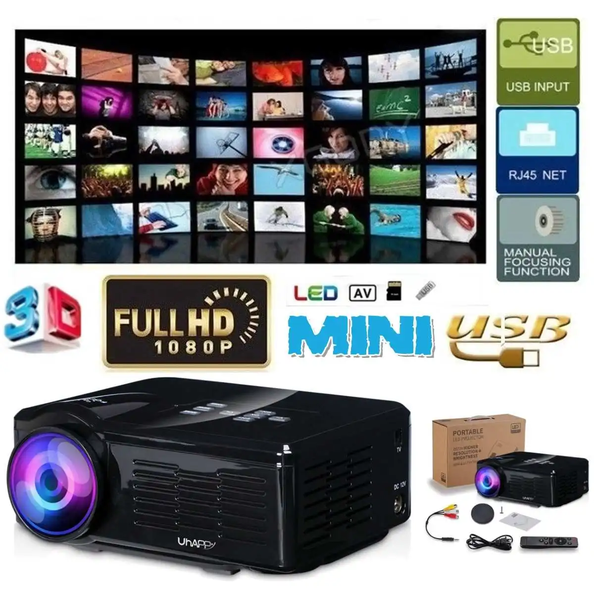 

Full HD 1080P LED Mini Projector Home Media Movie Player Proyector Support USB/SD/VGA/AV/Micro USB/TV with Remote Control Beamer