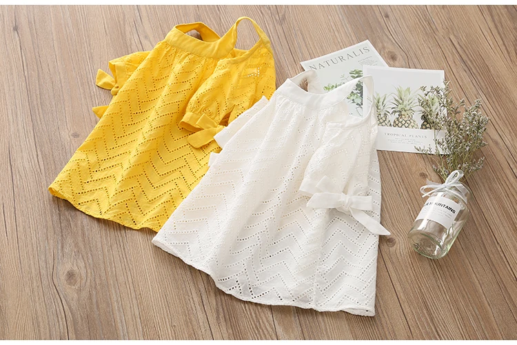 2018 Summer 2-10 Years Children Cotton Solid Color Off Shoulder Strapless Hollow Out Wave Little Sexy Kids Girl Dress Blouse (8)