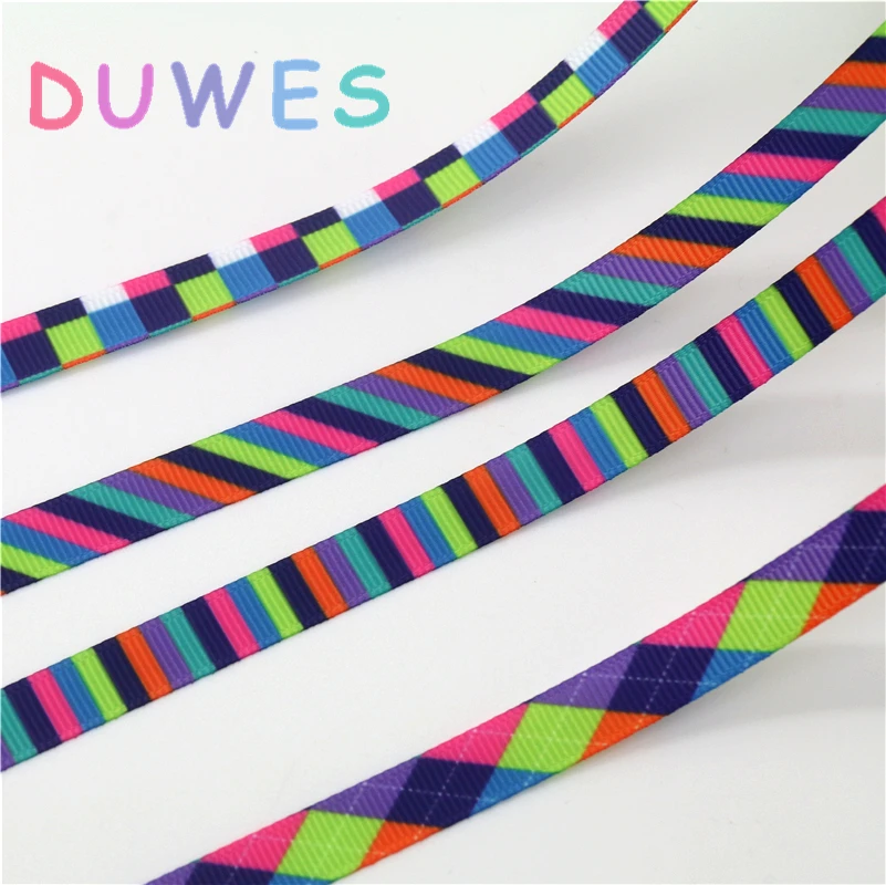 DUWES 3/8 ''50 ярдов цвета в полоску плед Печатный Grosgrain ленточный аксессуар hairbow головной убор DIY украшения OEM 9 мм D1086