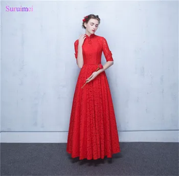 

New Arrival O Neck Red Lace Prom Dresses Floor Length China Tradition Style Key Hole Open Back Corset Long Prom Gown