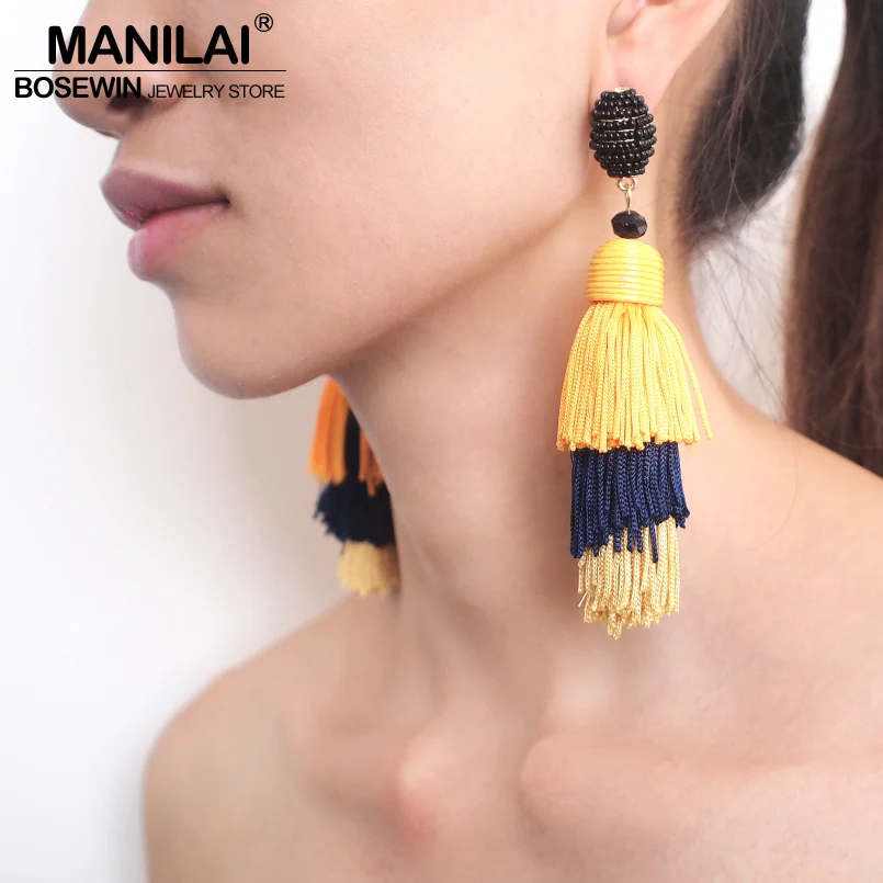 MANILAI Bohemia 3 Layered Cotton Tassel Earrings Fashion Jewelry Multicolor Statement Fringe Long Dangle Earrings For Women