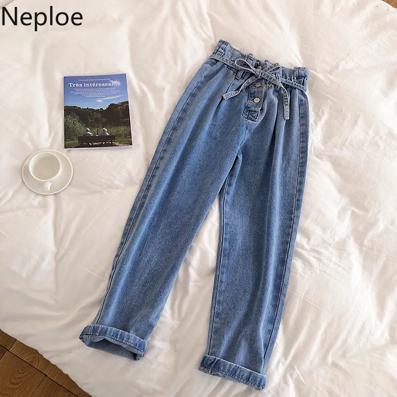 

Neploe Korean New Jeans Women High Waist Lace Up Solid Denim Pants Loose Casual Straight Trousers Street Style Pantalon 90229