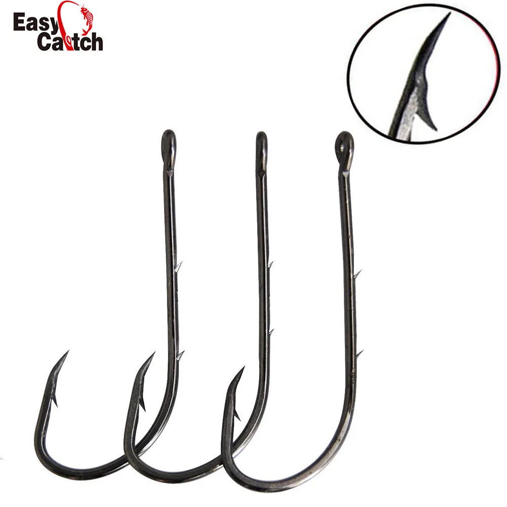 100pcs 92247 High Carbon Steel Fishing Hooks Black Offset Long Barbed