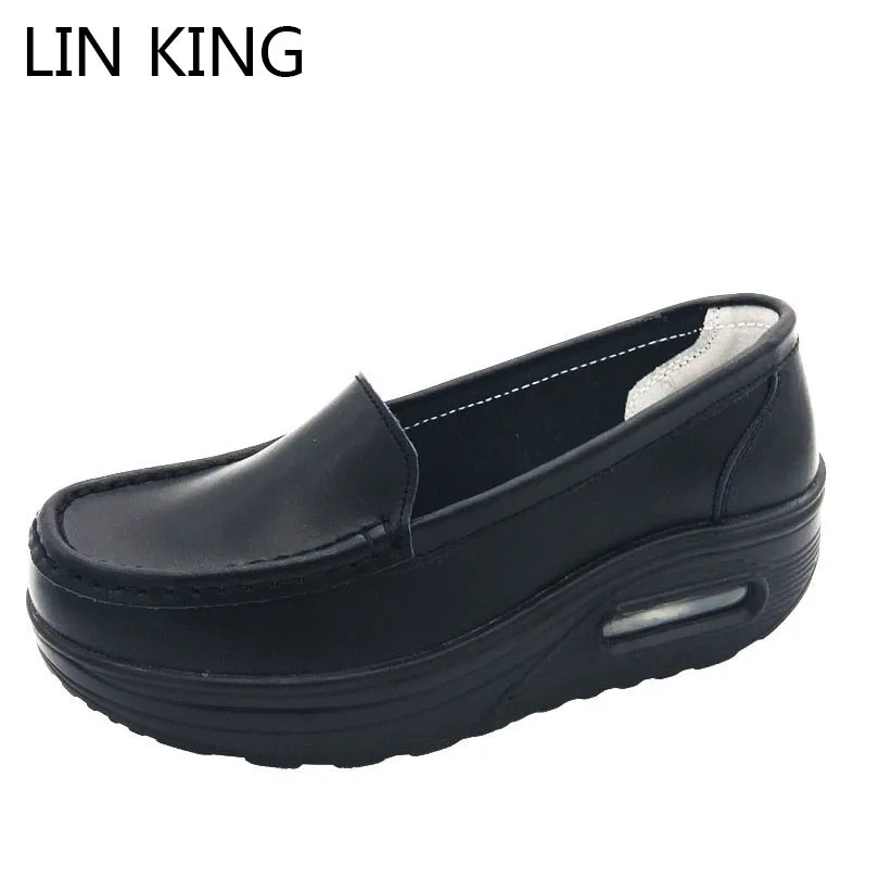 

LIN KING New Breathable Swing Shoes PU Leather Wedge Heels Women Casual Shoes Slip Shallow Mouth Comfortable Single Nurse Shoes
