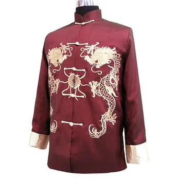 

Burgundy New Spring Chinese Men's Silk Satin Embroidery Jacket Coat with Dragon Size S M L XL XXL XXXL Free Shipping