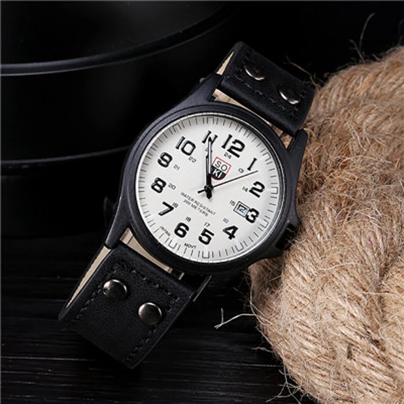 Мужские часы SOKI, Топ бренд, роскошные часы, мужские Спортивные кварцевые наручные часы с датой, мужские кожаные военные часы, Reloj Hombre