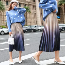 Золотая Бархатная длинная Плиссированная юбка с градиентом Осенняя Женская эластичная юбка с высокой талией уличная юбка-макси до середины икры