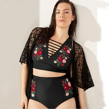 

Floral Printed High Cut Women Plus Size Bikini set High Waisted Flower Large Swimsuit Back Cross Bandage Swimwear XL-4XL Biquini