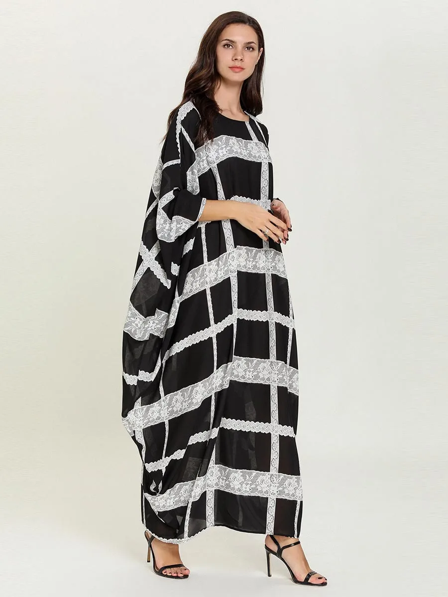 Loose Women Muslim Abaya Batwing Sleeve Lace Patchwork Plaid Dress Islamic Kaftan Fashion Evening Dubai UAE Robe Gown VKDR1695