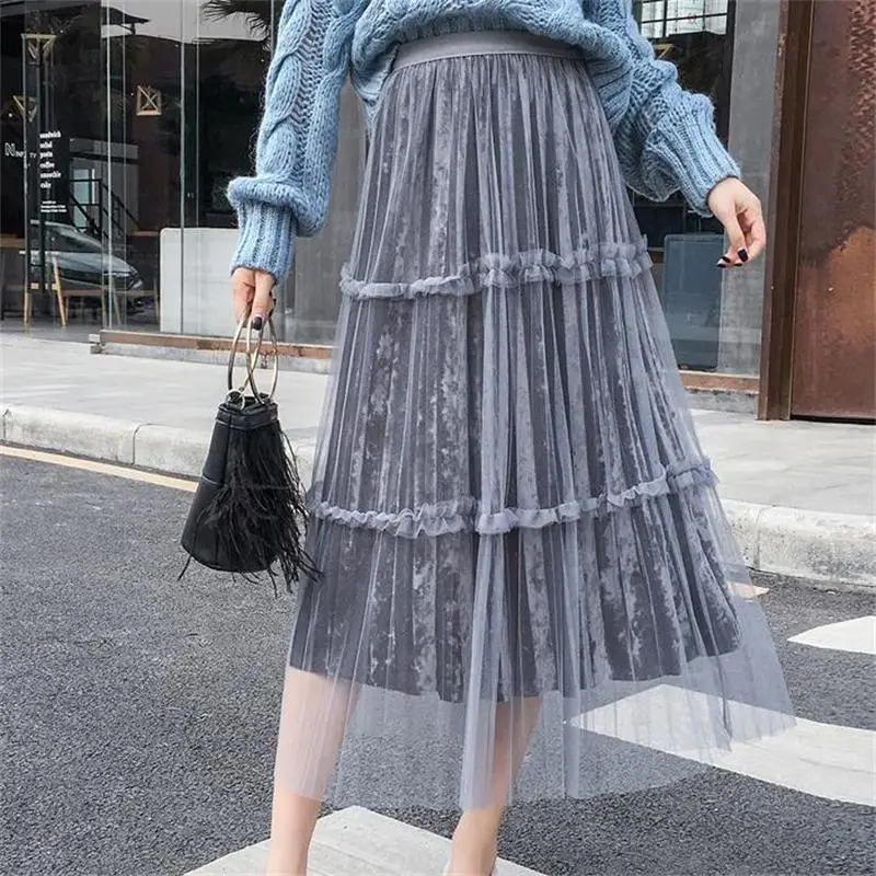 Женская одежда Новое поступление женские весна-осень плиссированные сетки бюст юбки для девочек pleuche сладкий черный гриб расширения юбка