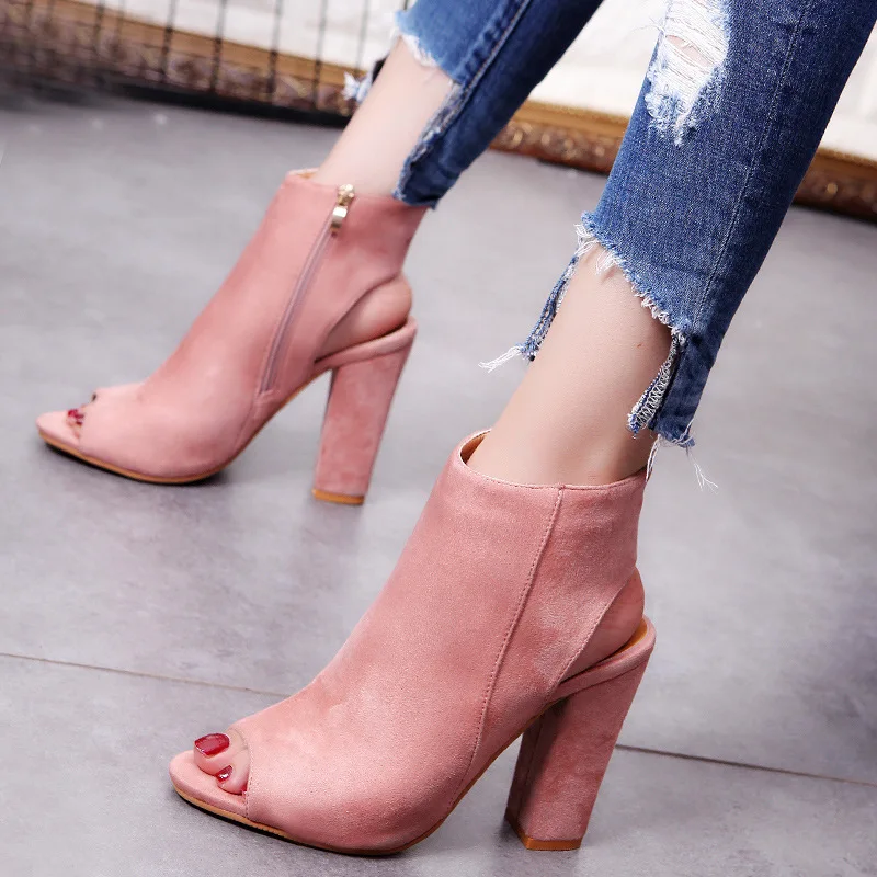 

Ankle Boots Faux Suede Leather Casual Open Peep Toe High Heels Zipper Fashion Square Rubber Black Shoes For Women Plus Size 43