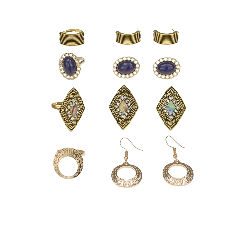 12 stücke Vintage Antient Gold Ohrringe Ring Schmuck Sets Beinhalten 4 Ringe 4 Pairs Ohrringe Großhandel Punk Kristall Edelstein Schmuck set