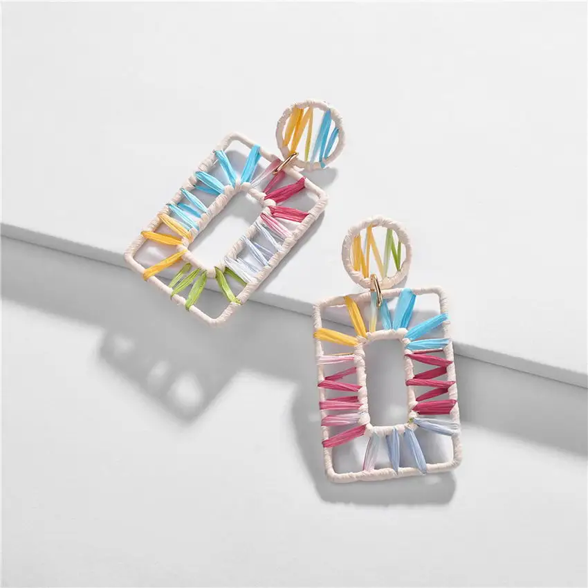 

ZWPON Rainbow Raffia Wrapped Geometric Square Earrings 2019 Women Designer Large Earrings Jewelry Wholesale